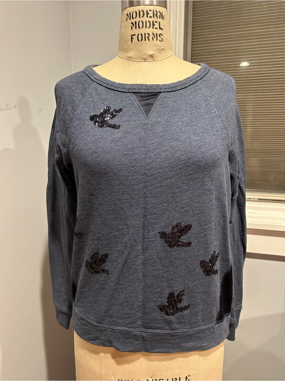 Leifnotes Anthropologie Embellished Bird Sweatshirt With Satin- Slate Blue Small